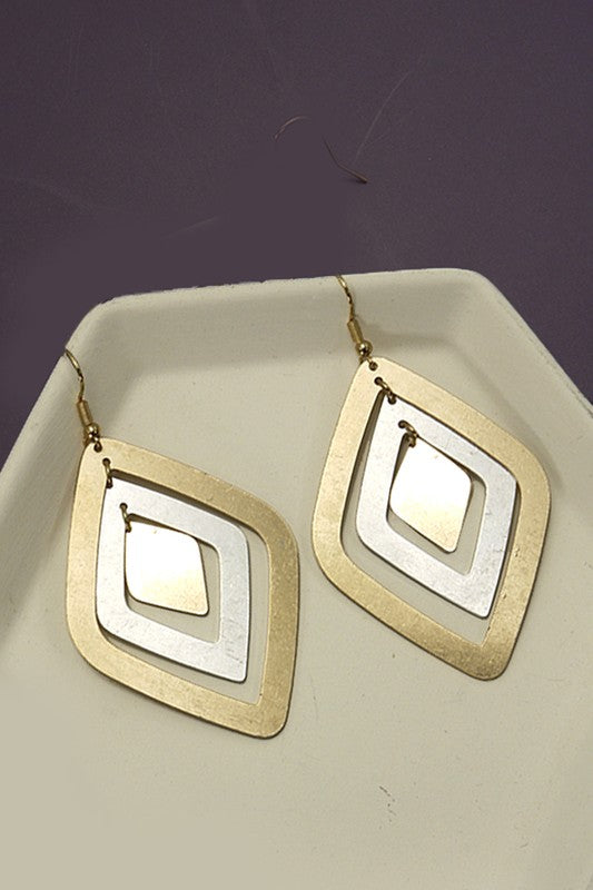 Two Tone Layer Diamond Shape Drop Earrings