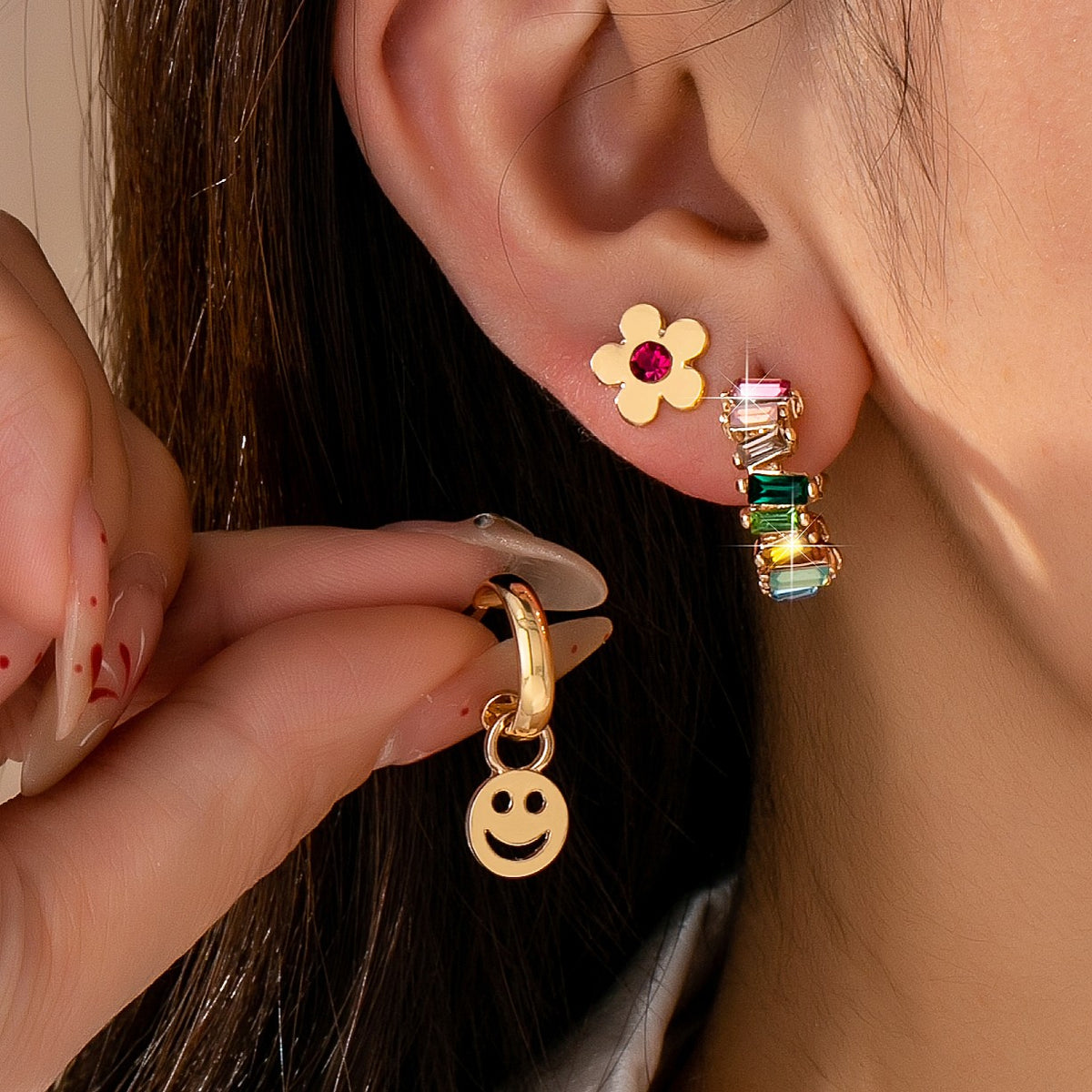 Rainbow, Smiley, And Floral Trio Earrings