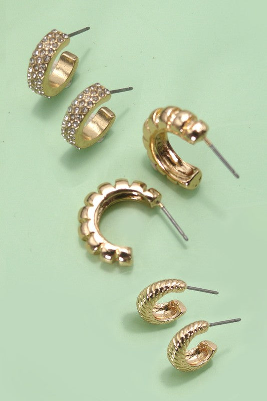 Trio Rhinestone Textured Huggie Hoop Earrings