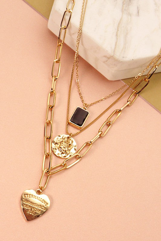 Multi Link Layer with Charm Drop Necklace
