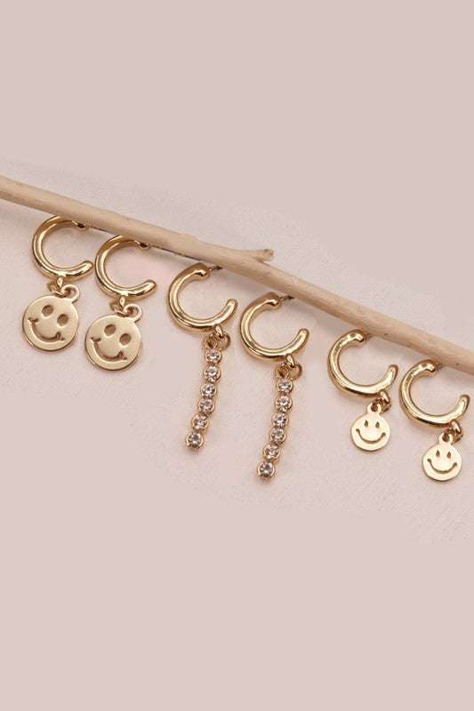 Smiley Rhinestone Hoop Trio Earrings