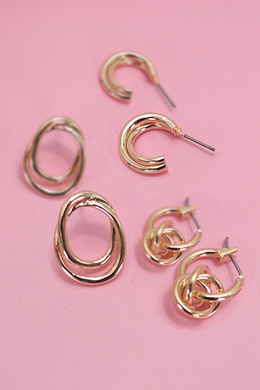 Swirl Trio Hoop Huggie Stud Earrings