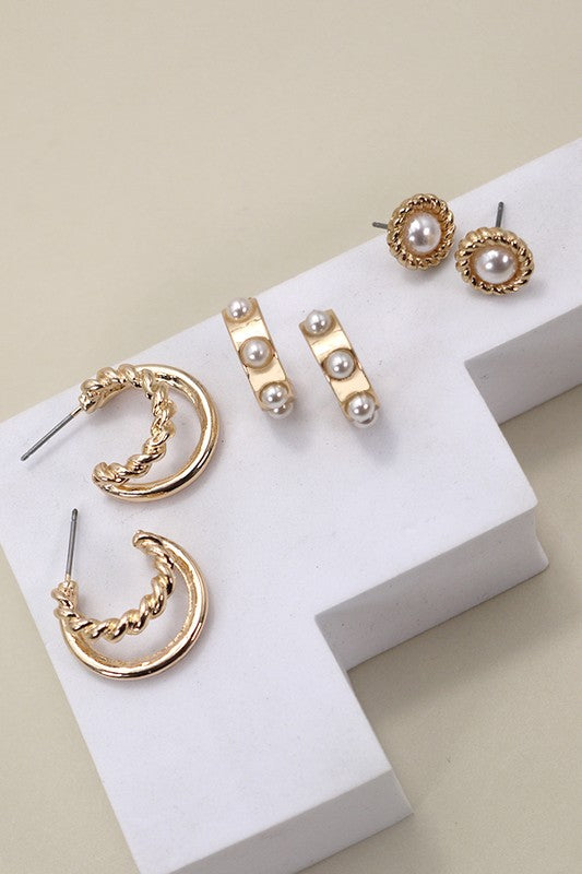 Pearl Hoop Stud Trio Earrings