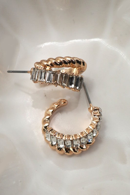 Baguette Rhinestone Intertwined Huggie Hoop Earrings