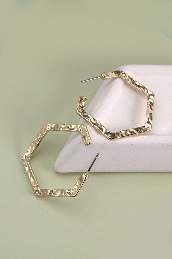 Hammered Hexagon Hoop Earrings