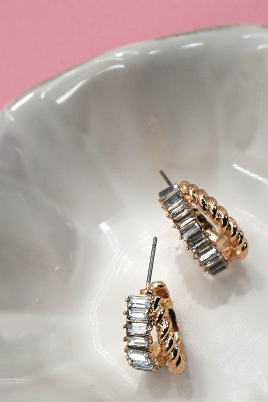 Baguette Rhinestone Intertwined Huggie Hoop Earrings