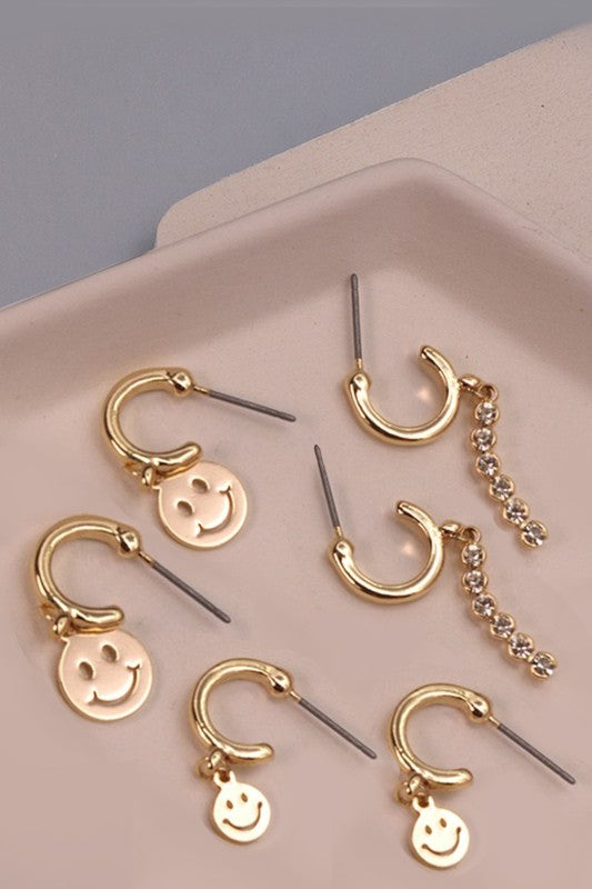 Smiley Rhinestone Hoop Trio Earrings
