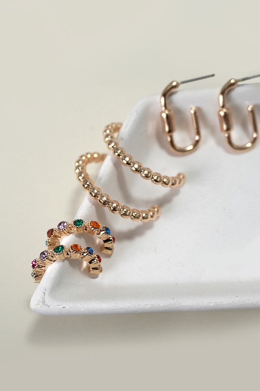 Trio Rhinestone Ball Huggie Hoop Earrings