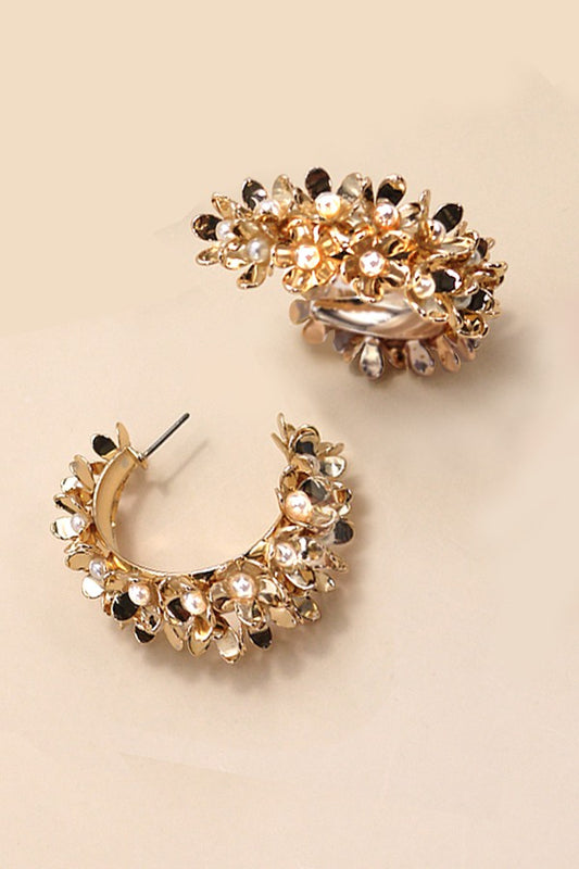 Double Row Flower Pearl Hoop Earrings