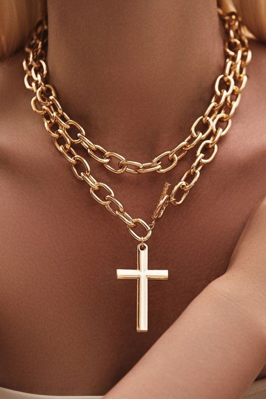 Puffy Cross Chunky Chain Toggle Necklace