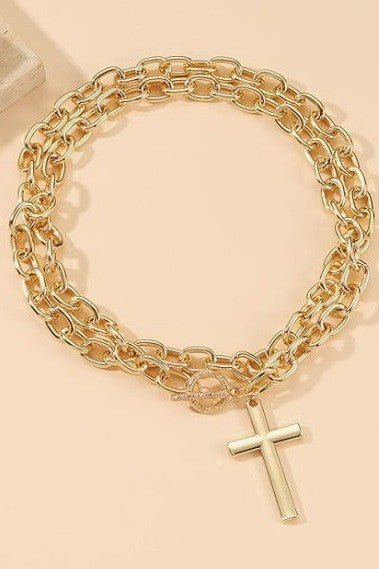 Puffy Cross Chunky Chain Toggle Necklace