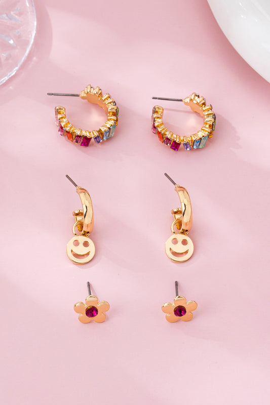 Rainbow, Smiley, And Floral Trio Earrings