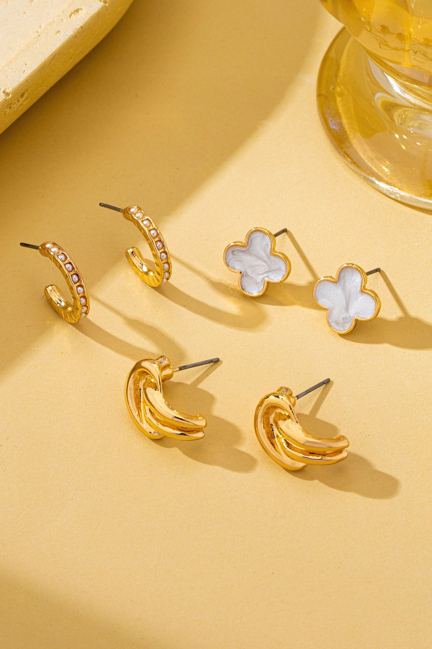 Clover Pearl Huggie Hoop Trio Earrings