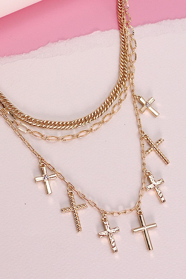 Triple Row Multi Cross Layer Necklace