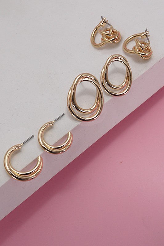 Swirl Trio Hoop Huggie Stud Earrings