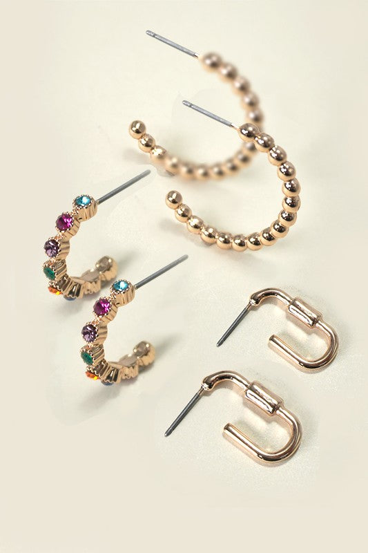 Trio Rhinestone Ball Huggie Hoop Earrings