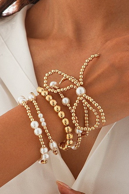 Multi Layer Ball Chain Bead Pearl Bow Bracelet